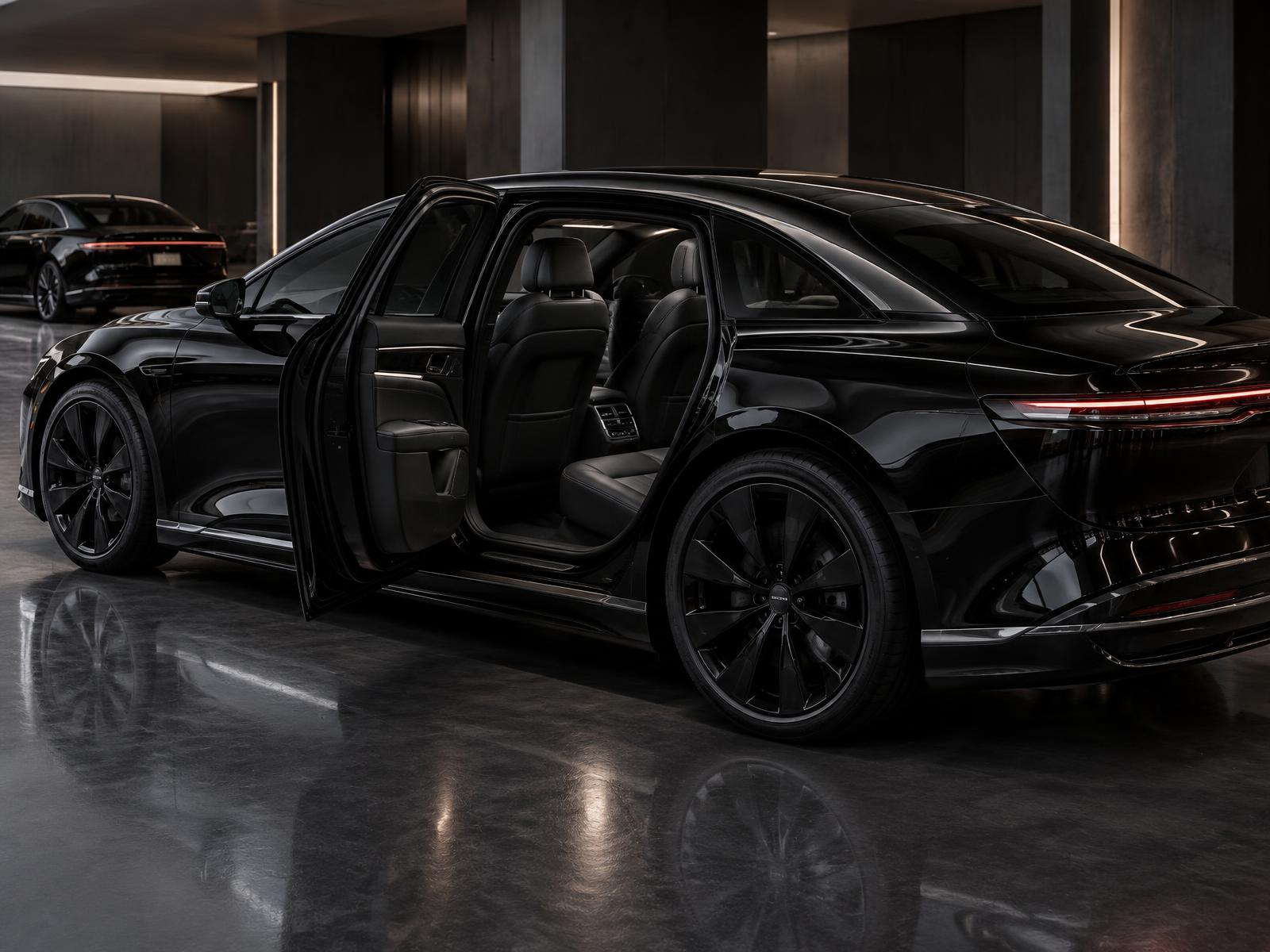 Black Lucid Air with a spacious dark executive passenger cabin